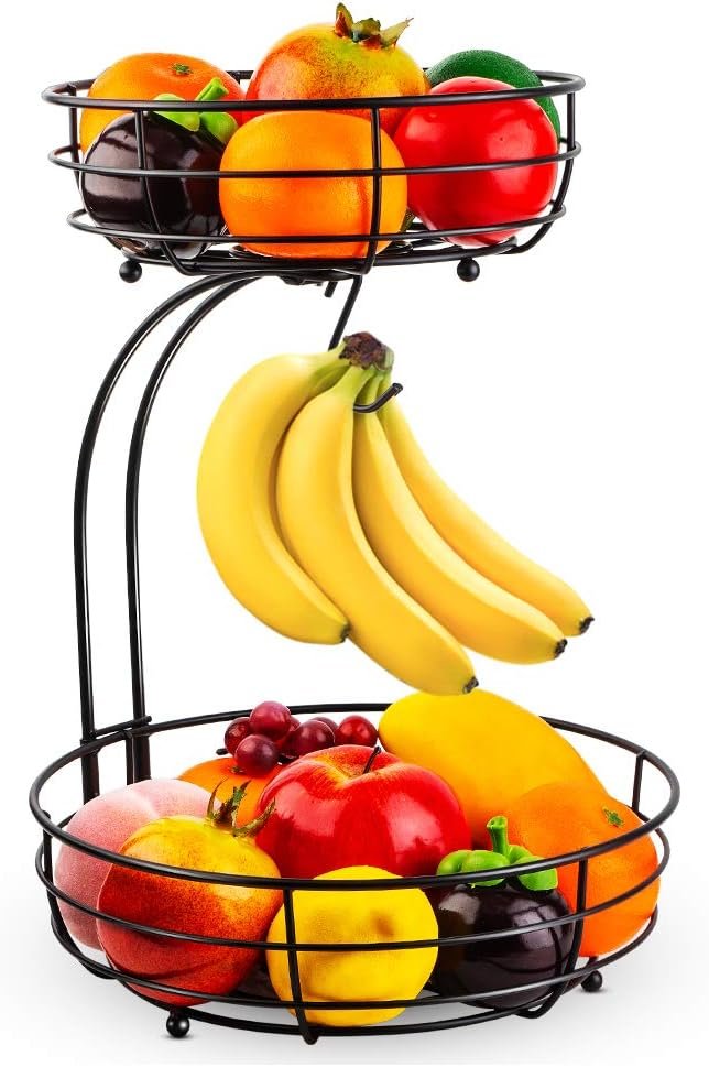 Auledio Iron 2-Tier Countertop Fruit and Vegetable Basket with Banana Hanger